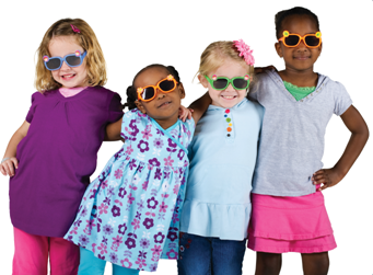 4 little girls wear sunglasses, hugging and smiling